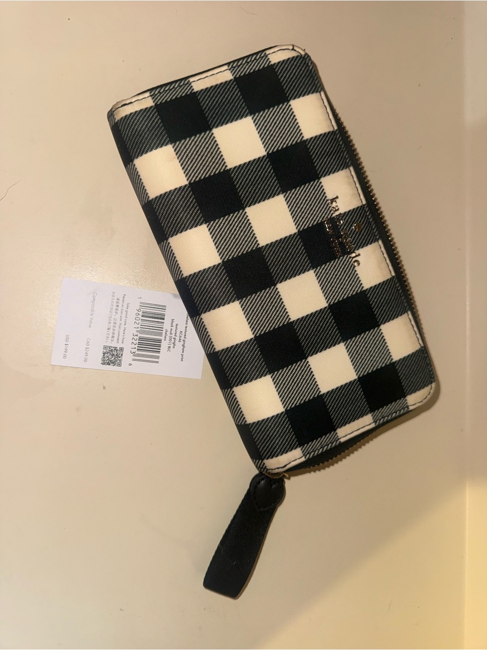 Kate Spade Black and White Gingham Print Zip Wallet